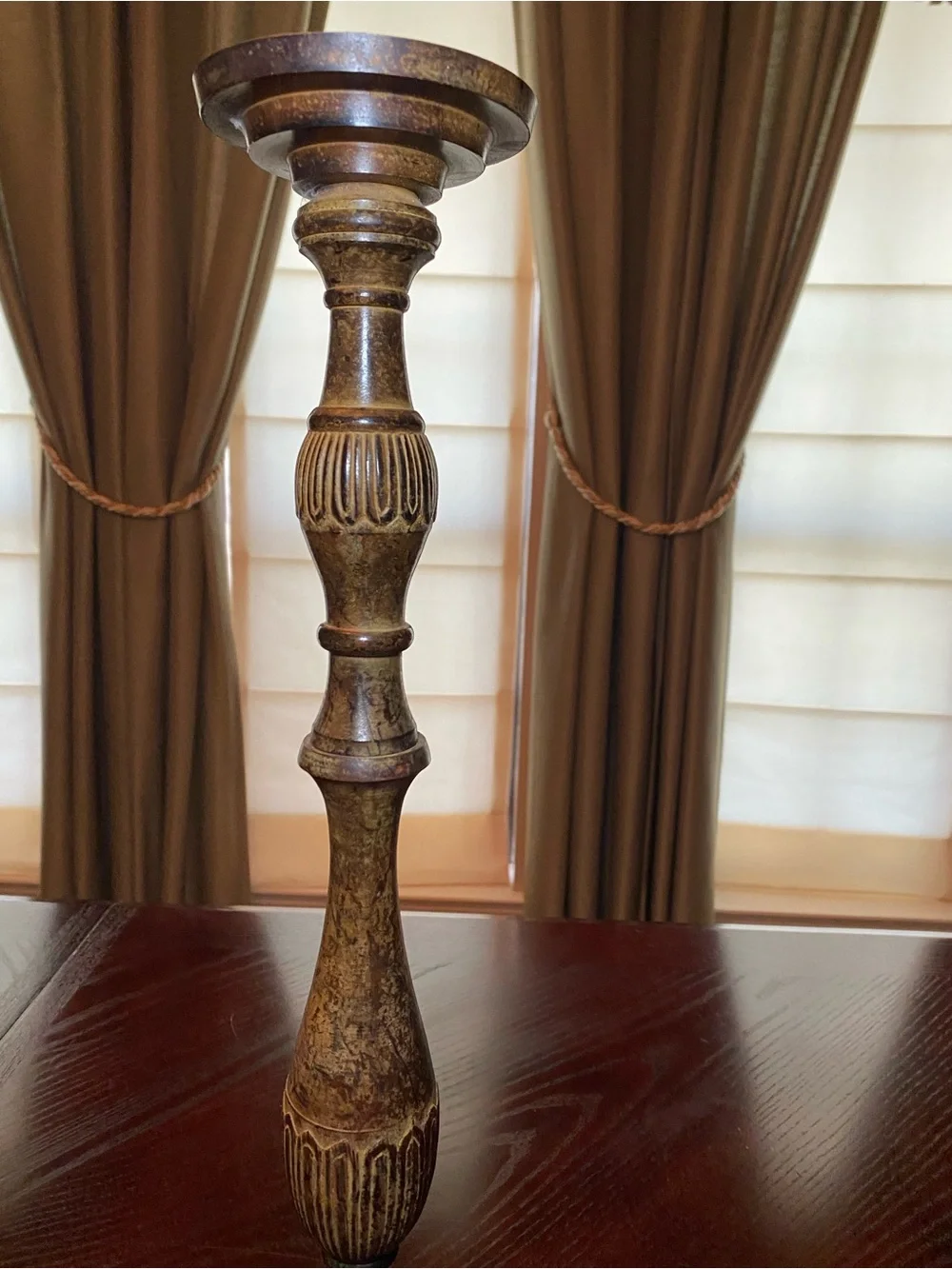 Decorative 20.5 inch painted metal candlestick with lWood-Tone and patina finish